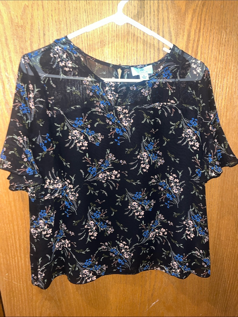 CeCe Black Blouse with Blue and Blush Floral Print